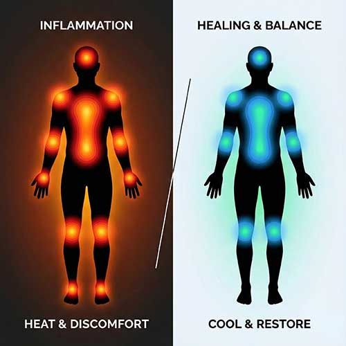 Graphic comparing an inflamed body to a healed, balanced body.