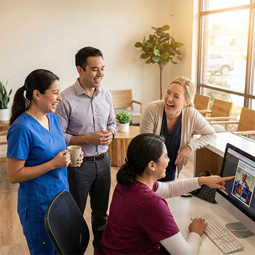 Medical staff interacting joyfully at the front desk, representing a fun team culture.