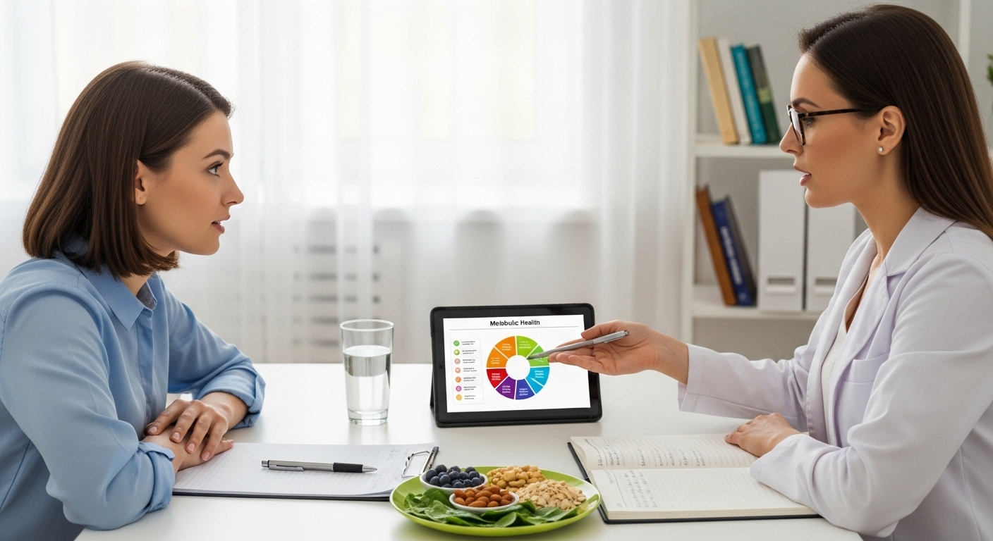 Nutrition counselor reviewing a personalized health plan with a patient.